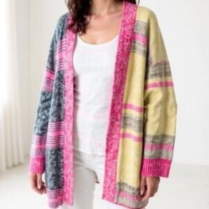 Vici for Mazik Pink and White Knit funky pattern colorblock Cardigan Sweater